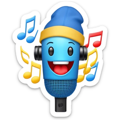 Create a dynamic and energetic emoji that represents beatboxing. The design should feature a microphone with a singing mouth and soundwaves or rhythmic beats emanating from it, symbolizing the vocal percussion and rhythm of beatboxing. Add a cap placed on top of the microphone to reflect street culture and the individuality of the performer. Include musical notes floating around to emphasize the musicality. Use bold, vibrant colors like neon blue, red, and yellow to convey energy and excitement. The background should be transparent. sticker