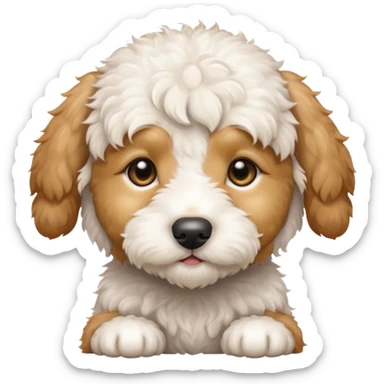 Small white mini goldendoodle puppy with light brown spots around his eyes and ears sticker
