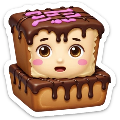 Rectangular chocolate mini pastry, slightly messy, wide shocked eyes, open mouth, chocolate dripping, text above: "ПАСТИЧКА", chibi style, Twitch emoji style, transparent background, colorful

 sticker