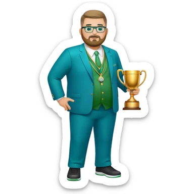 full body white obese male basketball coach with trophy. Goatee beard , Wearing glasses and blue and green suit sticker