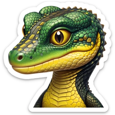 cinematic-realistic-cute-monitor-lizard-portrait-emoji,-head-tilted-playfully-and-inquisitively,-featuring-a-compact,-agile-body-with-finely-detailed,-glossy-scales-in-earthy-black and yellow-hues-and-a-distinct,-alert-face-with-bright,-curious-eyes, black , yellow spotted and green band  scales sticker
