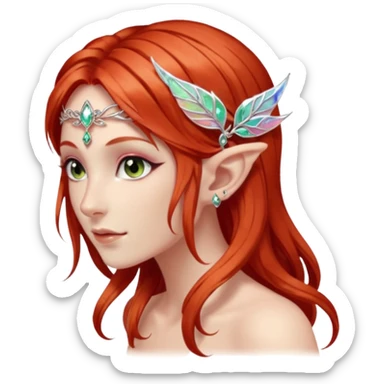 portrait of red haired Elvish fae shiny sparkly iridescent translucent diaphanous ear climber ear cuff sticker