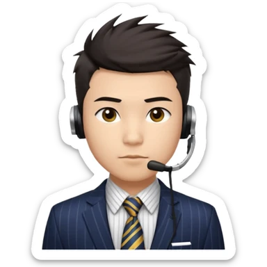 A young Asian man with light skin, short dark hair styled upward with a spiked swoop in front, a clean-shaven face, focused eyes, and a slim headset over one ear, wearing a dark pinstripe suit with a patterned dress shirt and a bright solid-colored tie visible from the chest up. sticker
