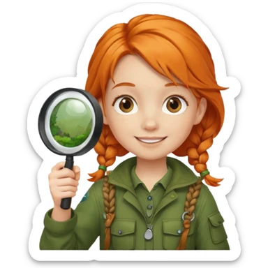 braid orange haired girl kid in moss green explorer outfit, holding magnifying glass, smile sticker