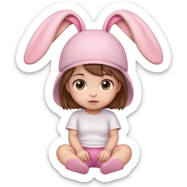 Kawaii baby girl emoji, sitting, brown hair, big eyes, pink bunny ear hat, white t-shirt, pink shorts sticker