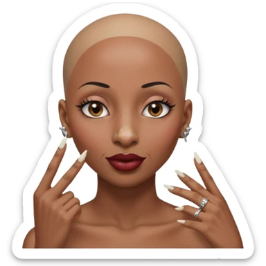 Grown black (proud) woman, bald with a perfect head, a prominent nose with a septum piercing, many piercings on her ears, a gap between her front teeth and very long nails (cynthia erivo) a proud lesbian, with long lashes and her finger tapping her head sticker