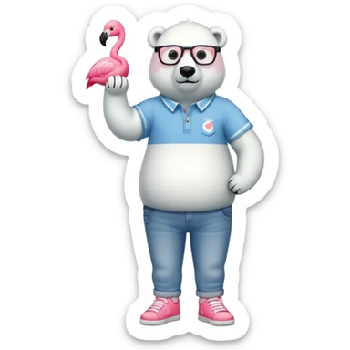 friendly anthropomorphised polar bear standing upright, chilled and unbothered, wearing a shirt, jeans, trainers, glasses with flamingo frame design sticker