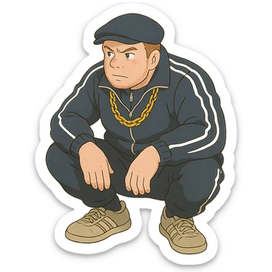 ghibli style Russian gangster squatting, wearing a tracksuit and gold chain sticker