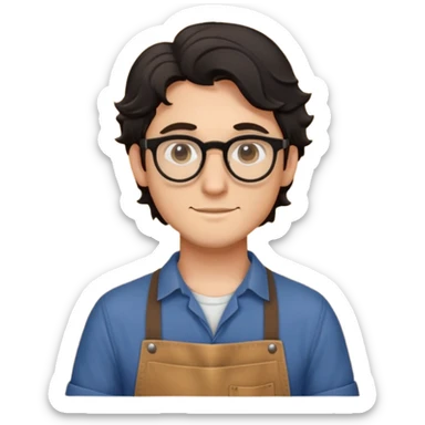Young caucasian man with black wavy hair, round glasses, brown carpentry apron over a shirt, woodworker sticker