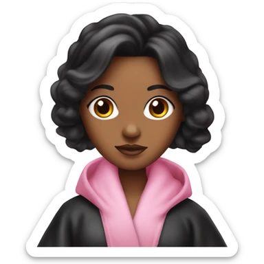 Mixed raced woman with long black hair wearing a silk pink Victoria’s Secret robe sticker