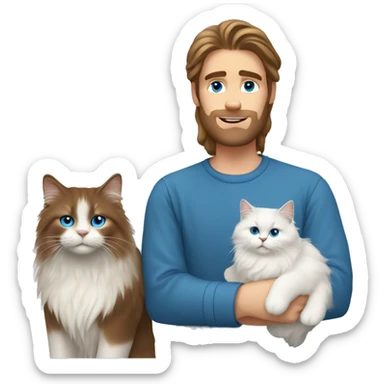 Man with long brown hair and holding a all white Siberian cat with blue eyes sticker