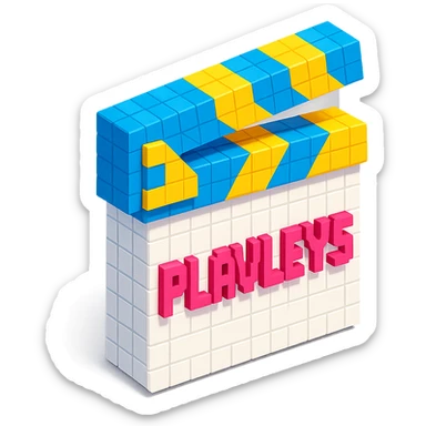 voxel style movie clapperboard, white body, blue and yellow lid, pink text 'PLAVLEYS', isometric view sticker