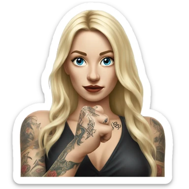Blonde elegant women with LONG HAIR, her Body Covered with Tattoos, POINTING YOU FORWARD with her HAND with INDEX FINGER, Hyper Realistic sticker
