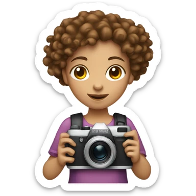 girl whit brown curly hair and fair skin holding a digital camera sticker