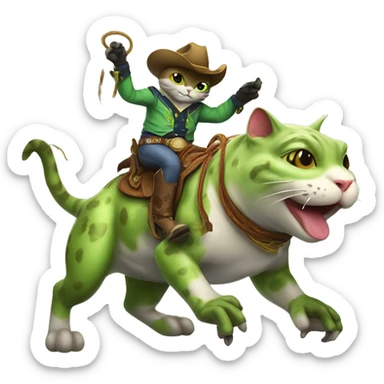 Cowboy cat with a lasso riding on top of a bull frog  sticker
