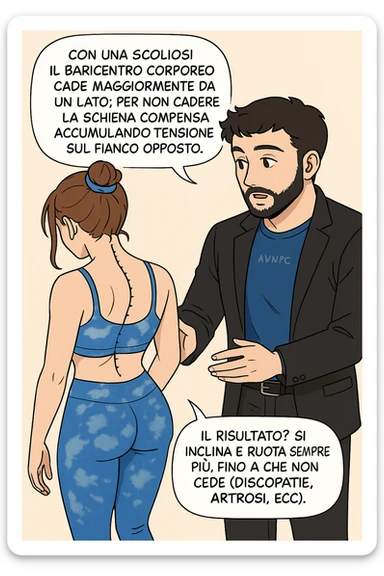 fai questa immagine in versione manga/webtoon a colori, il manga mostra la donna di spalle, mentre l'uomo le tocca la spina dorsale per spiegarle come funziona la scoliosi:
Con una scoliosi il baricentro corporeo cade maggiormente da un lato; per non cadere la schiena compensa accumulando tensione sul fianco opposto.
Il risultato? Si inclina e ruota sempre più, fino a che non cede (discopatie, artrosi, ecc) sticker