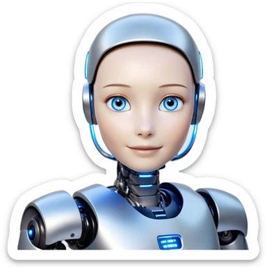 Create a cinematic GIF sequence of a humanoid AI robot. The sequence should show a character transformation:

INITIAL FRAMES:
- The robot has a friendly face with glowing blue eyes
- Warm lighting creates a trustworthy appearance
- The robot smiles gently at the viewer
- Body language appears helpful and non-threatening
- Perhaps slight head tilt conveying curiosity/friendliness

MIDDLE FRAMES:
- The lighting gradually shifts to more dramatic/shadowy
- The robot's smile begins to look slightly forced
- Eyes start transitioning from blue to red/orange
- Subtle changes in posture becoming more rigid/imposing

FINAL FRAMES:
- The robot's smile has transformed into a menacing grin
- Eyes now glow ominous red
- Darker lighting creates sinister shadows across its face
- Overall appearance reveals its true villainous nature

Style: Photorealistic with slight stylization, smooth transitions between frames, cinematic lighting sticker