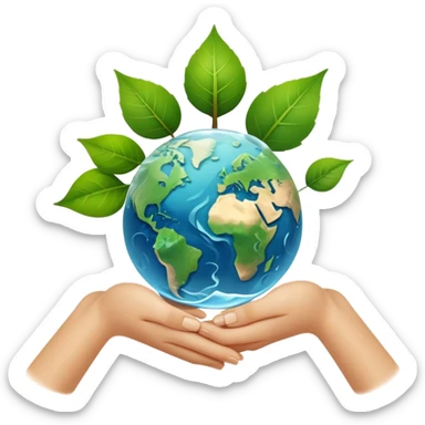 An icon featuring a green leaf, Earth held in hands, and a recycling symbol, symbolizing ecology. The design includes trees, clean water, and animals, representing environmental protection, sustainability, and ecosystems. Transparent background highlights the science of nature and conservation. sticker