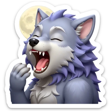 Cinematic Cute Yawning Werewolf Portrait Emoji, with a cuddly, miniature lupine form in soft moonlit grays and silvers, head leaning back in a big, adorable yawn that reveals a few fuzzy teeth, simplified yet irresistibly charming, highly detailed with a soft glowing outline that captures the drowsy, playful essence of a werewolf mid-nap! sticker