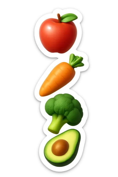 emoji stile iphone in 3d di cibo sano che fluttua in aria vericalmente, iperrealistico 4k sticker