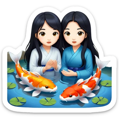 two asian girls long hair koi pond sticker
