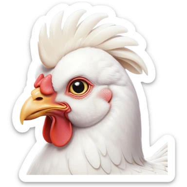 Cinematic Noble White Chicken Portrait Emoji, Poised and regal, with a compact, sturdy build and a pristine, well-groomed pure white plumage, deep-set soulful beady eyes, Simplified yet sharp and sophisticated features, highly detailed, glowing with a soft, dignified glow, high shine, intelligent and alert, stylized with an air of barnyard elegance, focused and attentive, soft glowing outline, capturing the essence of a watchful and confident fowl, so majestic it feels as though it could strut out of the screen with effortless authority! sticker