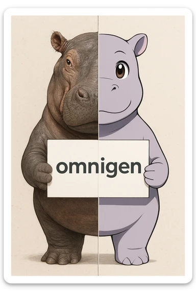 a hippo holding sign of omnigen, half picture hippo is realistic another hald is the anime of that same hippo sticker