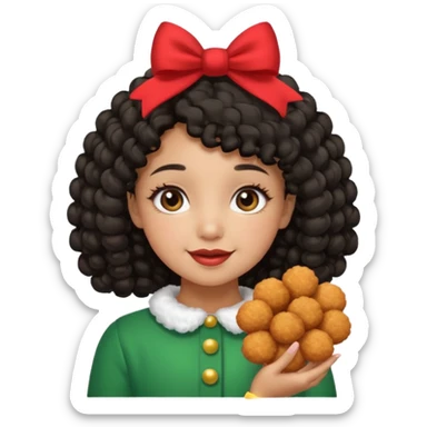 cute girl tan skin, curly black hair chin length, middle part, long eyelashes, cute cheeks, 5'2, outfit croquette style with bows and christmas theme, happy,  sticker