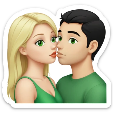 A blonde girl with fair skin and green eyes and a guy with black hair and fair skin and green eyes are kissing sticker