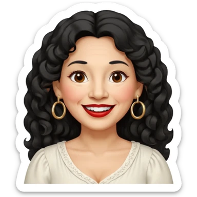 60 yr old peruvian woman, slightly chubby, wavy/curly long black hair, red lipstick, big smile, white teeth, brown eyes, hoop earings, side part to hair, round face, pretty white dress, hair side swept, big hoop earing sticker