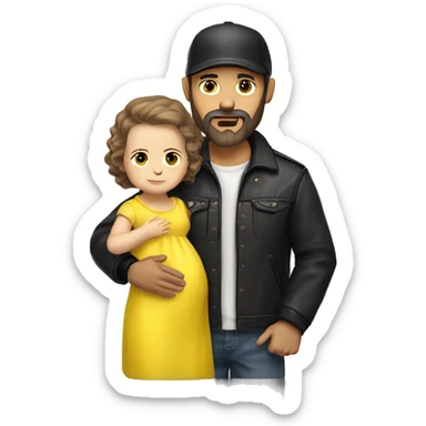 White-skinned slavic man with stubble, gray beard, brown hair, black eyes, black Reebok cap, leather jacket, holding infant slavic baby girl in yellow dress with yellow bow. sticker