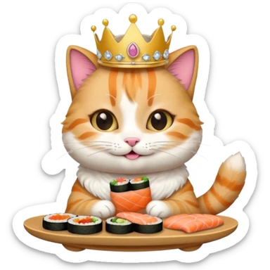 princess cat eating sushi, smiling, sushi in paw, tiny tiara, emoji style sticker