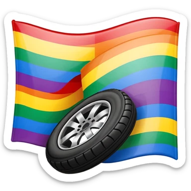 compact emoji-style vector illustration of the LGBT rainbow flag with vibrant colors, bold realistic black tire skid marks diagonally crossing the flag, high contrast, clear, white or transparent background sticker