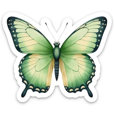 A minimalist watercolor illustration of a butterfly with green hues and fine details, set against a soft beige canvas.
 sticker