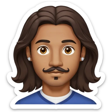 Young man with medium brown skin, mixed-race ethnicity, long wavy dark brown hair with an EXTREMELY PRECISE CENTER PART exactly aligned with the middle of the face, hair parted perfectly symmetrically on both sides, mustache separated from goatee, medium brown eyes, small diamond stud earrings, head only sticker