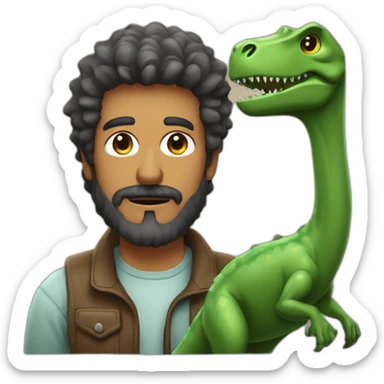 hombre de pelo castaño con barba, y ojos verdes Junto a un dinosaurio sticker