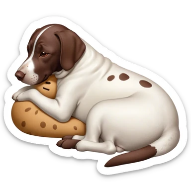 Cinematic Meme-Worthy Chubby Sleeping German Pointer Portrait Emoji, Head resting peacefully with a contented smile, showcasing a delightfully chubby build and a luxuriously soft liver and white coat, eyes shut in a serene nap, Simplified yet hilariously adorable features, highly detailed, glowing with a soft, drowsy light, high shine, relaxed and utterly lovable, stylized with an air of playful laziness, bright and heartwarming, soft glowing outline, capturing the essence of a comically sleepy hunter, so meme-worthy it feels like it could instantly become the next viral sensation of adorable slumber! sticker