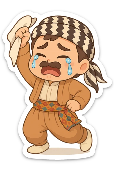 Create a chibi Kurdish cartoon sticker based on the reference image, showing a crying (sad) expression, with a transparent background. sticker