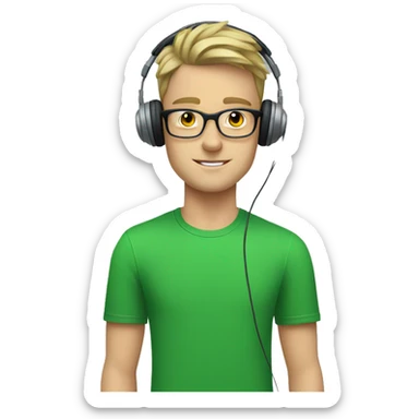 white young man with square glasses and blue eyes wearing green t-shirt with laptop and headphones sticker