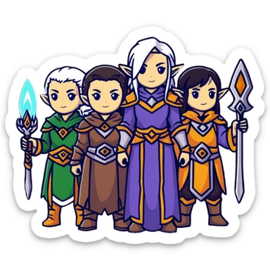 Lineage 2 female characters with Human mystic, Elven ranger, female Dwarf artisan, and Dark Elf sorceress sticker