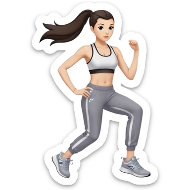 Melanie chisholm with a dark brown high ponytail wearing a sports bra and track pants with sneakers sticker