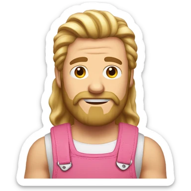 A man with long blonde hair, sideburns wearing a sleeveless pink pair of dungarees and hairy shoulders no beard  sticker