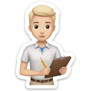 intern or volunteer holding a clipboard and pencil, ready to take notes or assist. The character wears a simple shirt and has an eager posture sticker