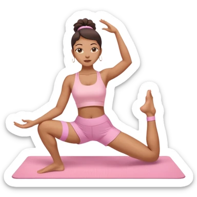Mixed-race woman with caramel skin, slim thick silhouette, wearing pastel pink workout shorts and top, stretching on a yoga mat sticker