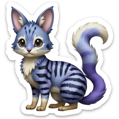  Realistic dull gloomy-dark-deep-grayish-indigo-violet-gradients fur with random markings beautiful elegant pretty precious cute  Fakémon-Pokémon-opossum-feline-serval-caracal-chinchilla-Minccino-hybrid-creature with a big fluffy bushy striped tail (full body) sticker