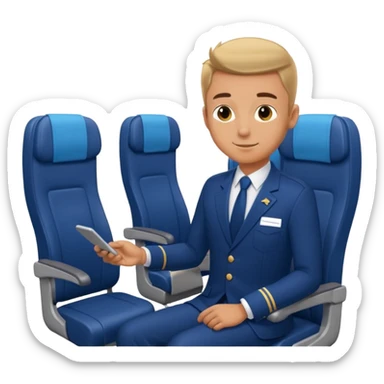 A  male courteous flight attendant checking seat rows with a polite, attentive posture. sticker