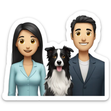 Family formed by a White man with hat and a White woman with long black hair and one small black dog border collie sticker