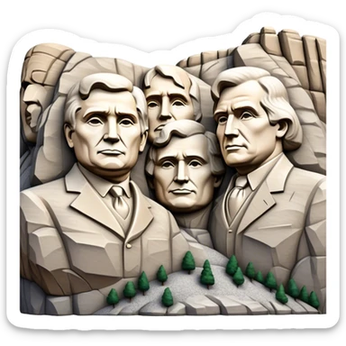 Cinematic Realistic Mount Rushmore Landmark Emoji, featuring the carved faces of four U.S. presidents, etched into the granite mountainside with dramatic lighting accentuating the rock textures. sticker