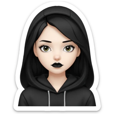 Black haired girl, silver eyes, black lipstick, white skin, black hoodie, sharp face, long hair, hoodie off sticker
