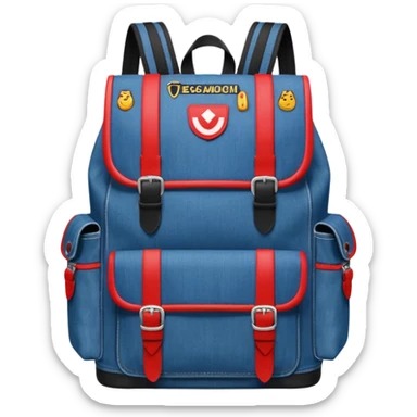 a blue denim backpack with a flap top, two vertical black buckle straps on the front. The backpack has two side pockets and a soft square shape. at front view bottom pocket, red and white two divided logo 

 sticker